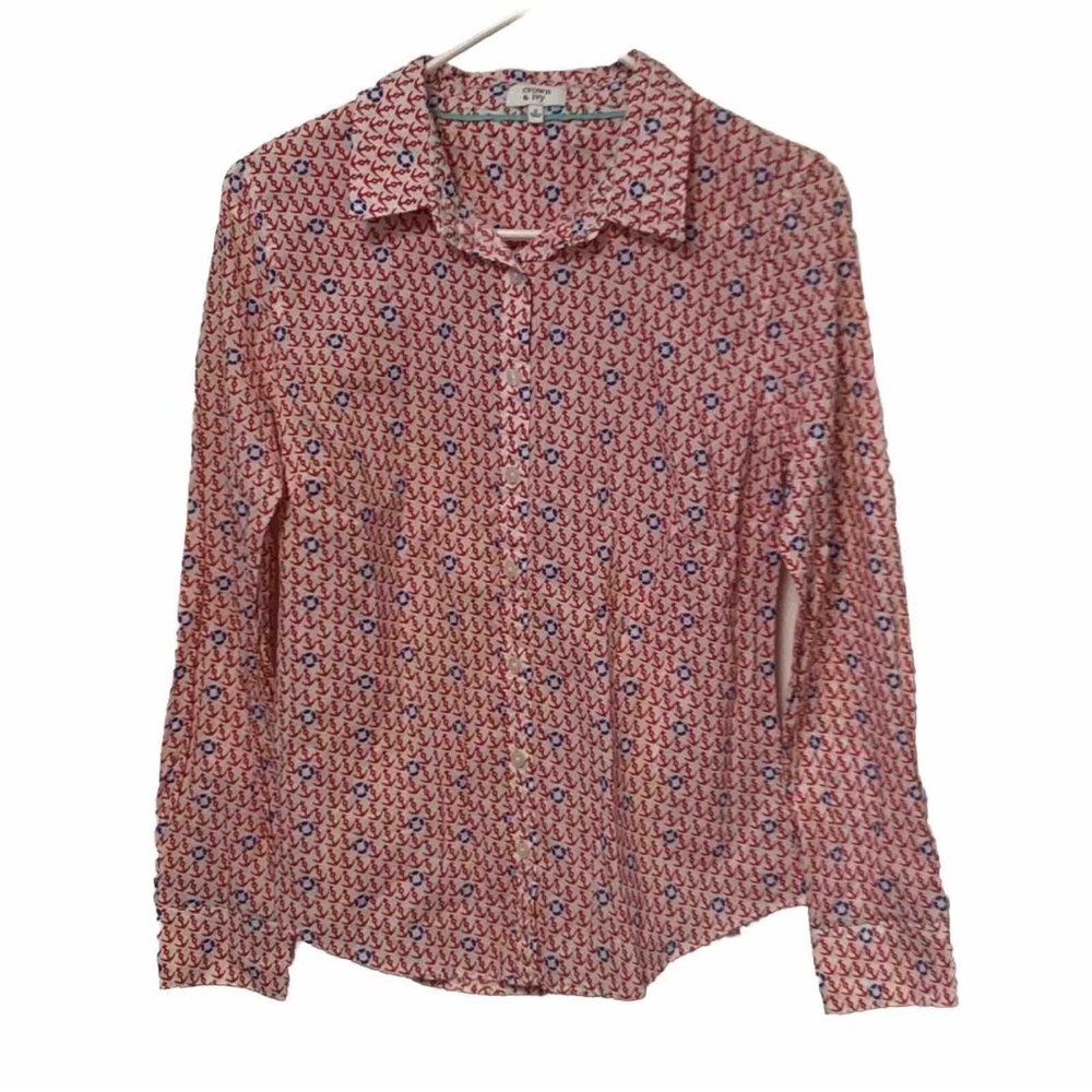 Crown & Ivy Shirt Womens Red White Blue Nautical Anchor Print  Button Sz S